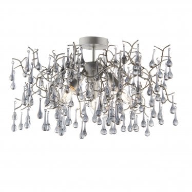 Drip 3 Light Semi Flush Fitting - Aged Silver With Smoked Grey Tinted Glass - 55cm Diameter