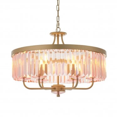 Martini 6 Light Pendant Chandelier - Champagne Paint And Rose Pink Glass - 55cm Diameter