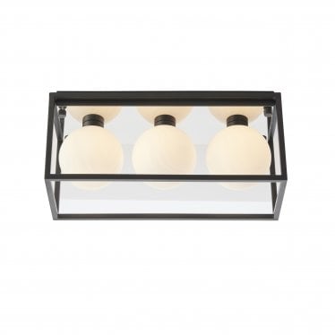 Rectangle Box - Open Framed - Ceiling Light - Black With 3 White Globes