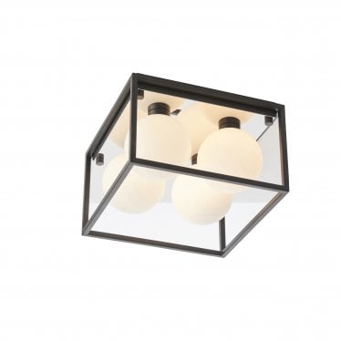 Square Box - Open Framed - Ceiling Light - Black With 4 White Globes